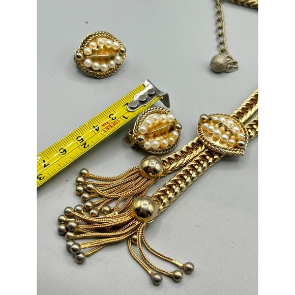 Vintage Signed HOBE Necklace & Earrings Set Thick Chain Tassel Gold Tone Pearls - Picture 10 of 10